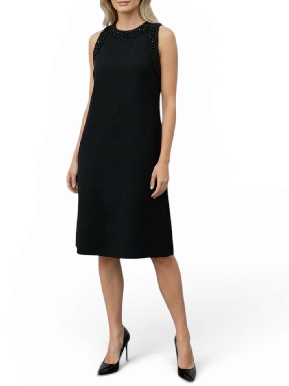 Kors Michael Kors Vintage Black Wool Beaded Dress Shift Size 8 Quiet Luxury